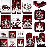 Sratte 20 Pcs Christmas Kitchen Towel Oven Mitts and Pot Holders Set Red and Black Buffalo Plaid Dish Cloths Set Heat Resistant Oven Gloves Hot Pads Reusable Dish Rags, Absorbent Towels