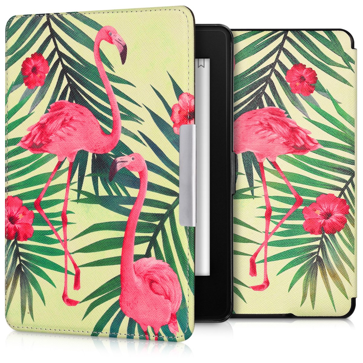 kwmobile Cover for Amazon Kindle Paperwhite Case - eReader Cover with auto sleep funktion - Flamingos & Palm Trees with Pink/Green/Light Green