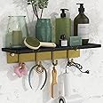 LUPWNEKA Marble Floating Shelves for Wall, Sturdy Modern Bathroom Shelf Organizer, Black and Gold Polished Shower Shelf with Hooks for Bathroom, Shower Room, Living Room, Kitchen, Bedroom