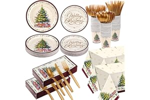 Ziliny 352 Pcs Christmas Tree Party Supplies Serve 50 Guests Christmas Paper Plates Cup Napkin Plastic Cutlery Tablecloth Holiday Disposable Tableware Set for Xmas Dinner Party Decoration
