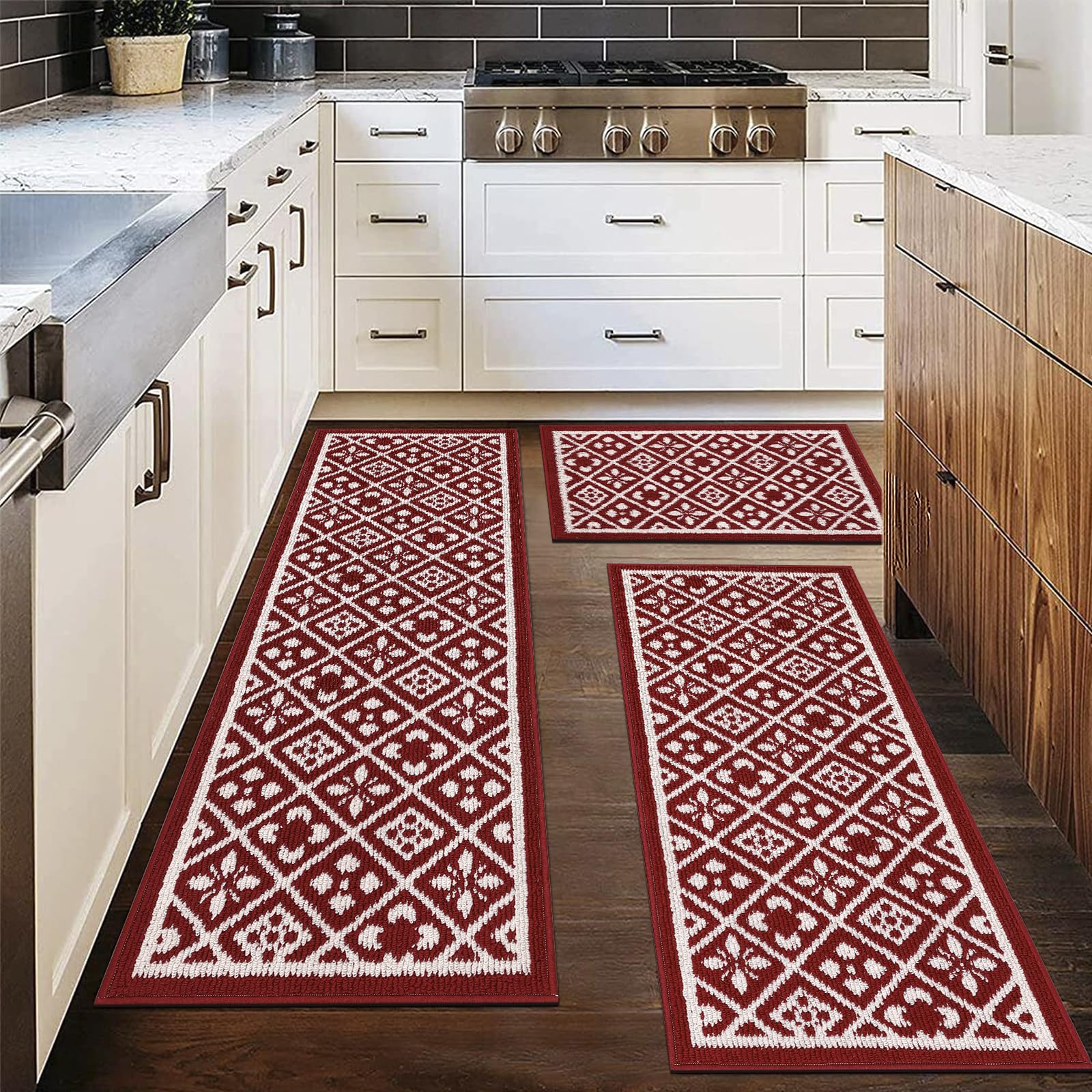 Photo 1 of Ileading Hallway Runner Rug 2x6ft Red Kitchen Floor Mat Modern Geometric Non Slip Throw Rugs Busy Traffic Extended Indoor Doormat Machine Washable Accent Carpet for Bedroom Living Room Valentine's Day