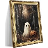 Vintage Gold Framed Halloween Wall Art, Cute Ghost Pumpkin Decor | Cute Ghost Canvas Prints, Gothic Forest Pumpkin Wall Decor for Living Room Bedroom, Vintage Halloween Pictures, 8x10 Inch