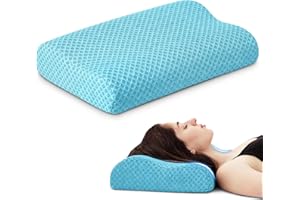 PEUJEW Travel Pillow Memory Foam Pillows, Ergonomic Wave Cervical Neck Pillow for Neck Pain Relief, Compressible Medium Firm Side Sleeper Pillow, Ideal for Camping, Office, Home & Bed (Light Blue, S)
