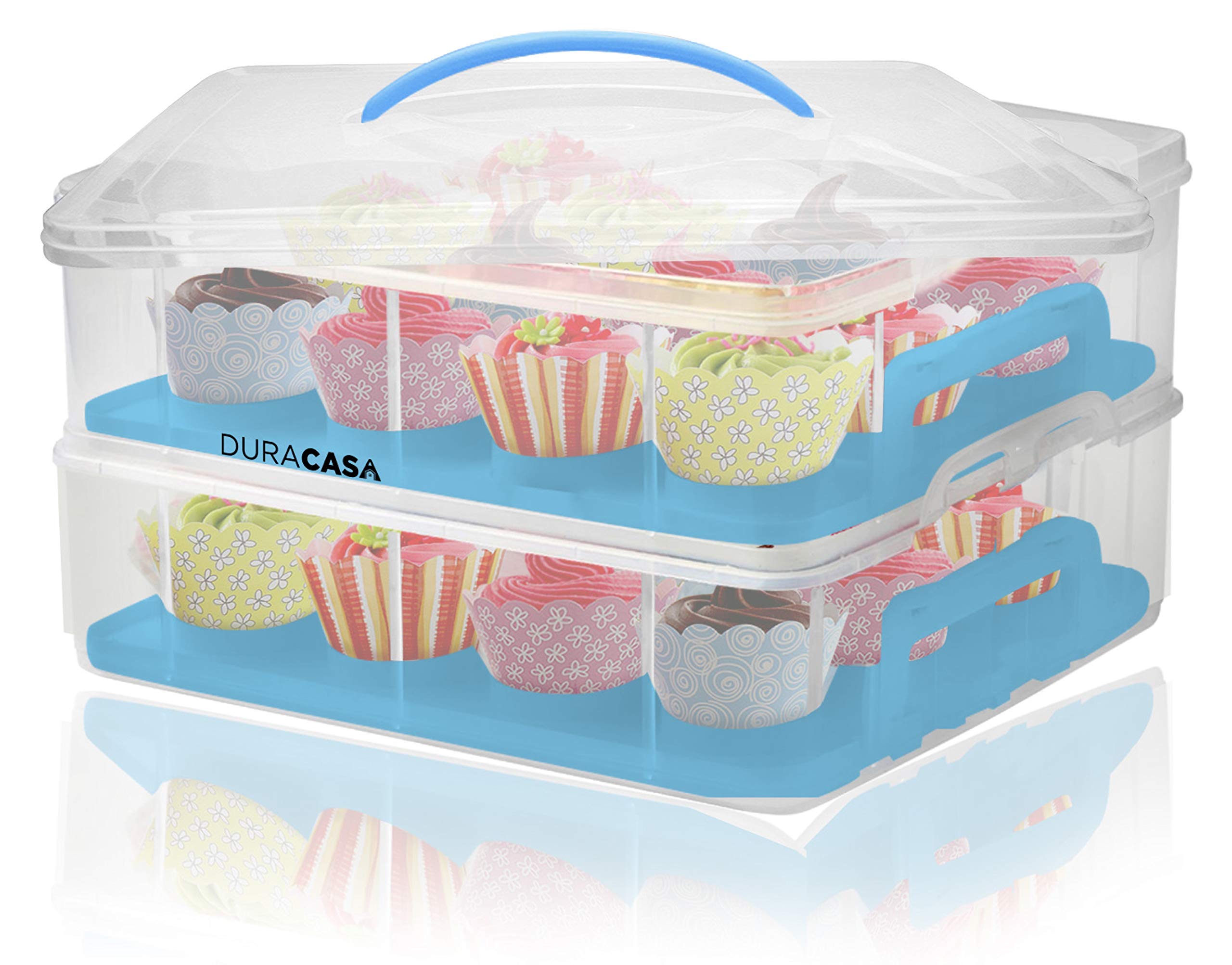 DuraCasa Cupcake Carrier, Cupcake Holder - Store up to 24 Cupcakes or 2 Large Cakes | Stacking Cupcake Storage Container | Cupcake, Cookie, or Cake Dessert Carrier (Blue)