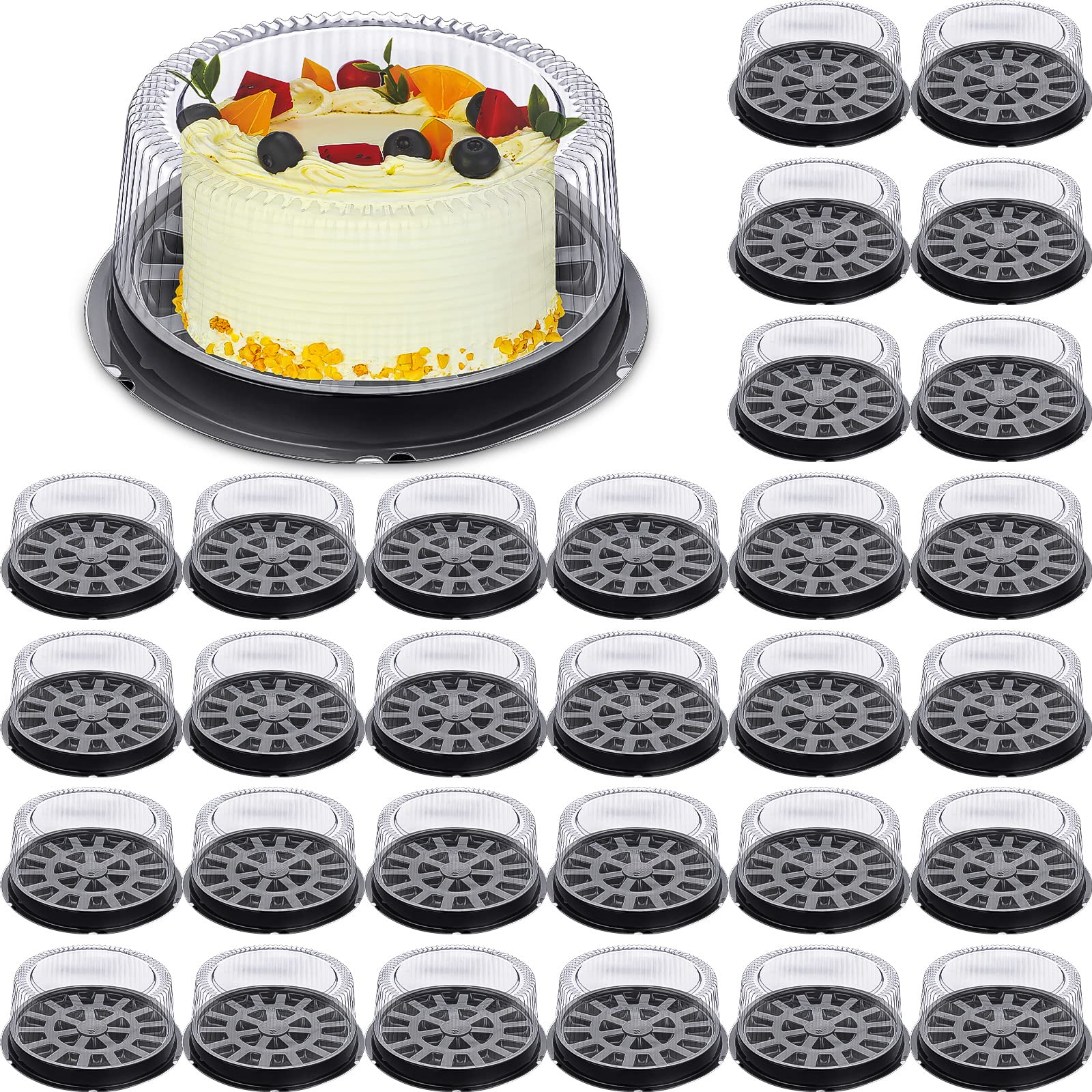 Photo 1 of Thenshop 30 Pcs 11 Inch Plastic Disposable Round Cake Containers Pie Carriers with Dome Lids and Black Cakes Boards Clear Cakes Boxes for Food Transport Valentine's Day Wedding Birthday Party