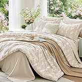 MUXHOMO Beige Bed in a Bag Queen 7 Pieces, Queen Comforter Set Reversible Botanical Flowers Design, Ultra Soft & Breathable Bedding Sets with Comforter, Sheets, Pillowcases & Shams
