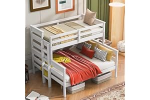 LostCat Twin Over Queen Bunk Bed with Built-in Ladder, Wood Bunk Bed Frame w/Safety Guardrail & Wood Slats for Dorm,Bedroom,Guest Room, No Box Spring Needed, White