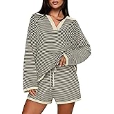 MEROKEETY Lounge Sweater Sets for Women 2 Piece Outfits Casual Long Sleeve Striped Tops Shorts Matching Set