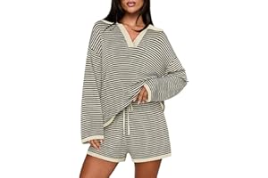 MEROKEETY Lounge Sweater Sets for Women 2 Piece Outfits Casual Long Sleeve Striped Tops Shorts Matching Set