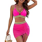 BMJL Womens High Waisted Bikini Sets Mesh Swim Skirt Tummy Control Swimsuits Color Block Bathing Suit 2025