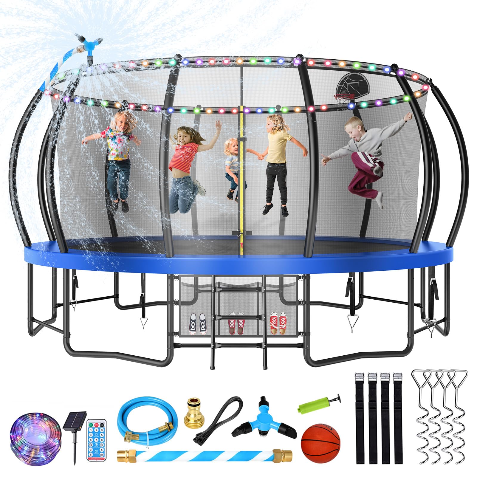 Lyromix Large Outdoor Trampoline with Basketball Hoop, 10-16FT with Lights for Kids and Adults, Recreational Trampoline with Sprinkler and Stakes