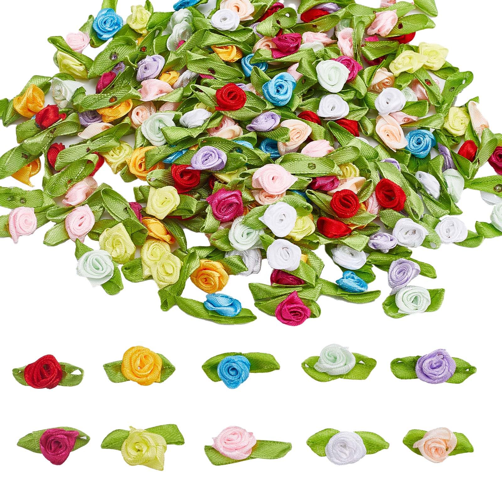 GORGECRAFT 200Pcs 10 colors Mini Ribbon Roses for Crafts Artificial Fabric Flowers with Green Leaves Rosettes Small Flower Satin Ribbons Embellishments Applique for Sewing Bows Wedding Valentine's Day