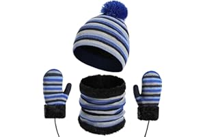 3Pcs Kids Winter Hat Gloves Scarf Set Thick Knitted Striped Pompom Beanie Mitten Neck Warmer for Girls Boys Children
