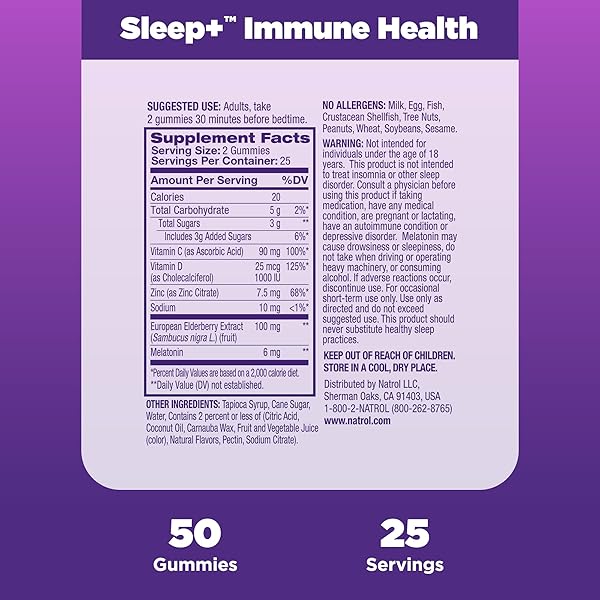 NATROL SLEEP+ IMMUNE HEALTH GUMMY, SLEEP AID & IMMUNITY SUPPORT, ELDERBERRY, VITAMINS C, D AND ZINC, DRUG FREE, 50 BERRY FLAVORED GUMMIES (PACKAGING MAY VARY)