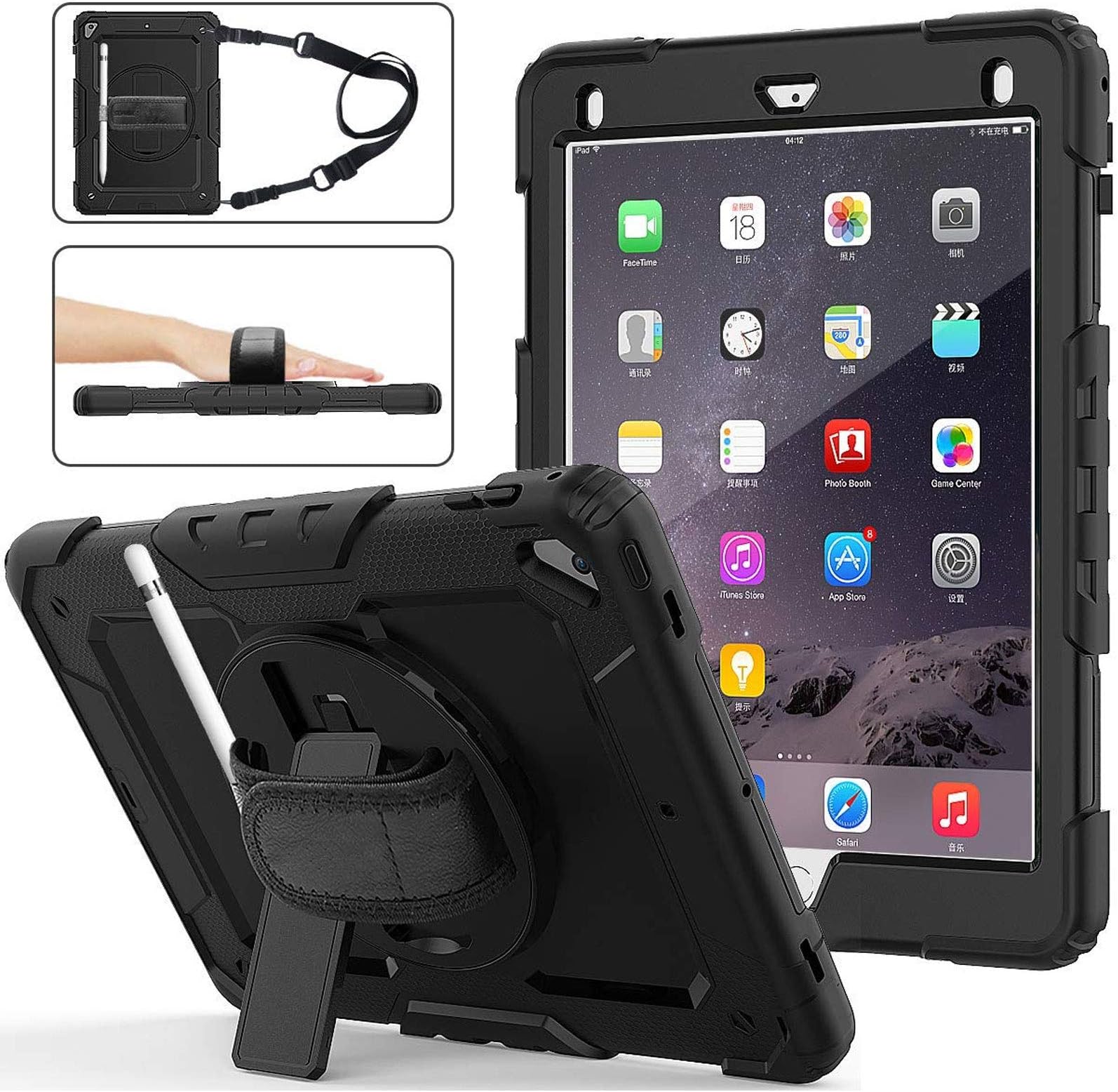 TecKraft Shockproof Anti-Slip Hybrid Armor Full Body Protective Case Cover with Pencil Holder for Apple iPad 10.2 (Swivel Black)