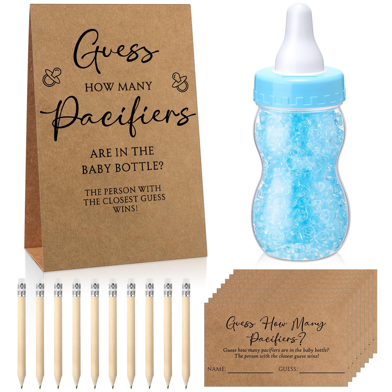 Photo 1 of Roowest 512 Pcs Baby Shower Games Guess How Many Pacifiers Sign 100 Small Guessing Games 10 HB Pencils 750ml Milk Bottle 400 Acrylic Pacifiers Decoration for Guest Gender Reveal
