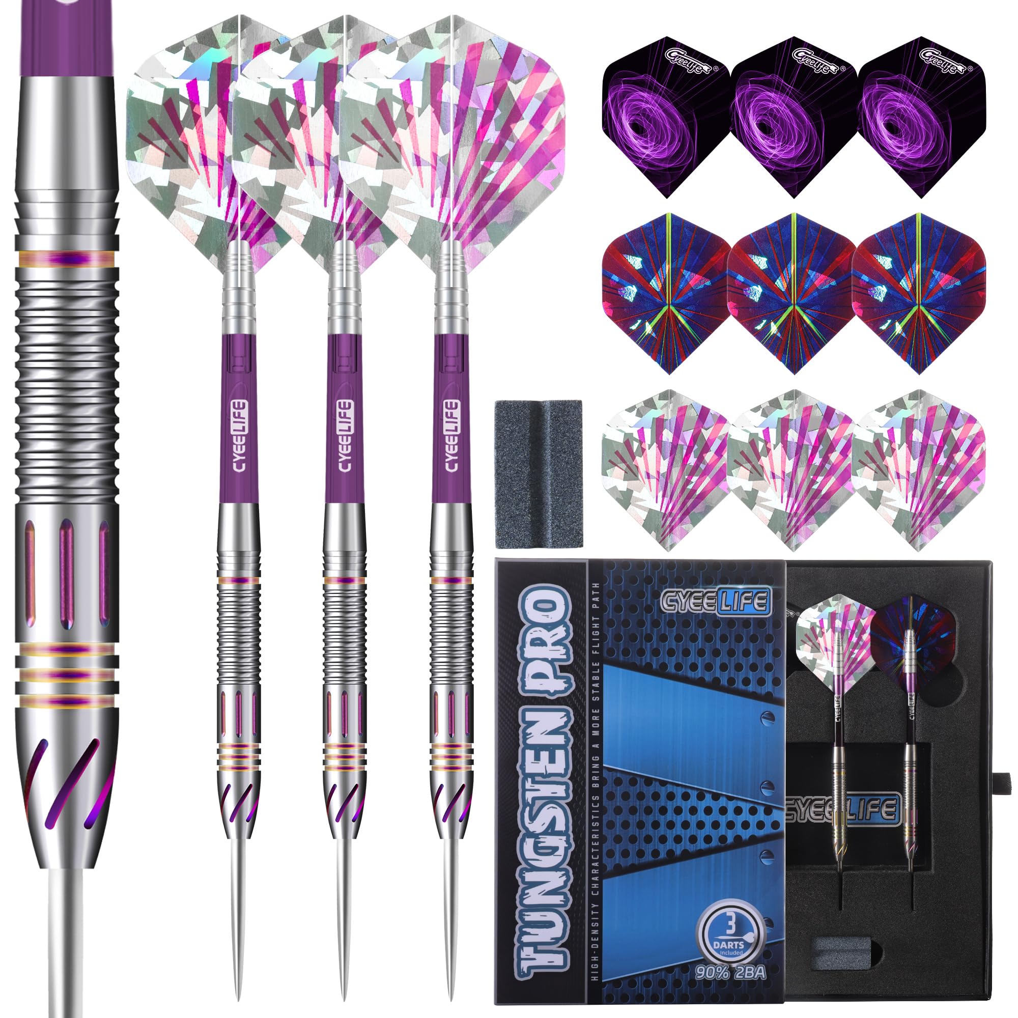 CyeeLife Tungsten Darts 23g Steel Tip,Steel Tip Darts Set with PC Shafts + Tungsten Barrels + Dart Flights + Dart Sharpener,Professional Tungsten Darts Set (Purple)