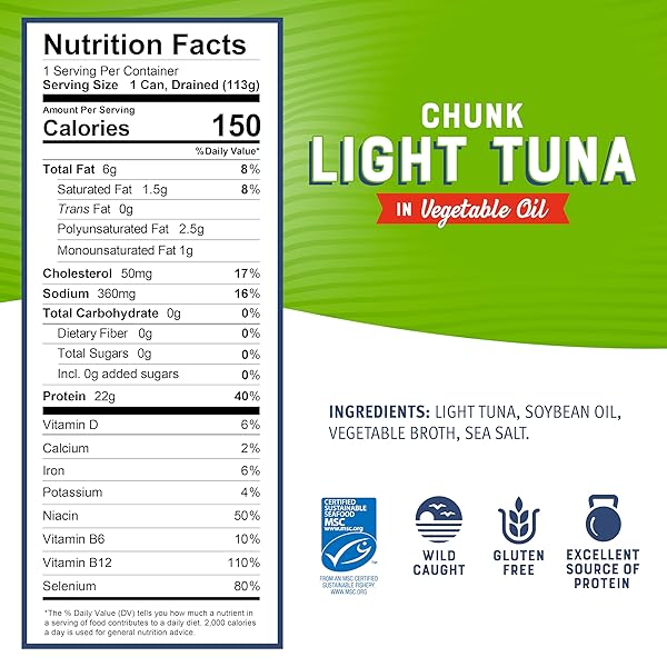 BUMBLE BEE CHUNK LIGHT TUNA IN OIL, 5 OZ CANS (PACK OF 48) – WILD CAUGHT SKIPJACK TUNA – 22G PROTEIN PER SERVING – MSC CERTIFIED SUSTAINABLE SEAFOOD, NON-GMO, GLUTEN FREE, KOSHER