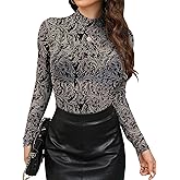 KTILG Womens Mesh Long Sleeve Top Sheer Blouse Sexy See Through Tee Shirt Lace Tops S-XXL