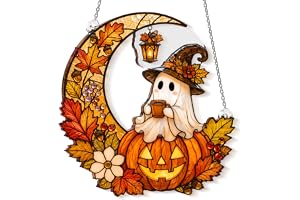 Boo Basket Stuffers for Women, Ghost Pumpkin Ornament | Acrylic, 4,5 x 4,5 in, Faux Stained Glass, Cute Spooky Halloween Ghos