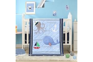 Wowelife Crib Bedding Sets for Boys, 3 Piece Whale Crib Comforter Bed Set Sea Crib Bedding Set Nursery Bedding Set Includes Ocean Comforter, Fitted Sheet, Skirt for Baby Boy Girl