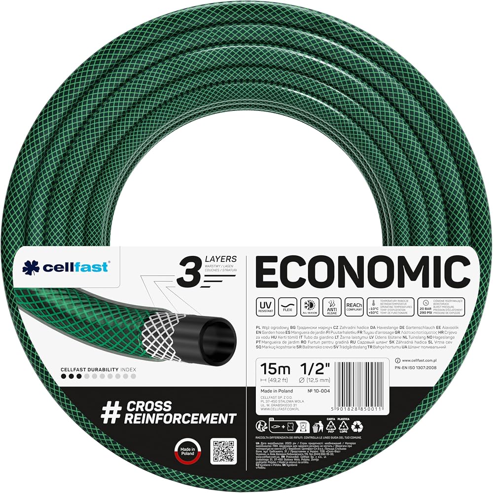 Cellfast Garden Hose ECONOMIC 1/2" 15m 3-Layer UV Resistant Algae Free Europe