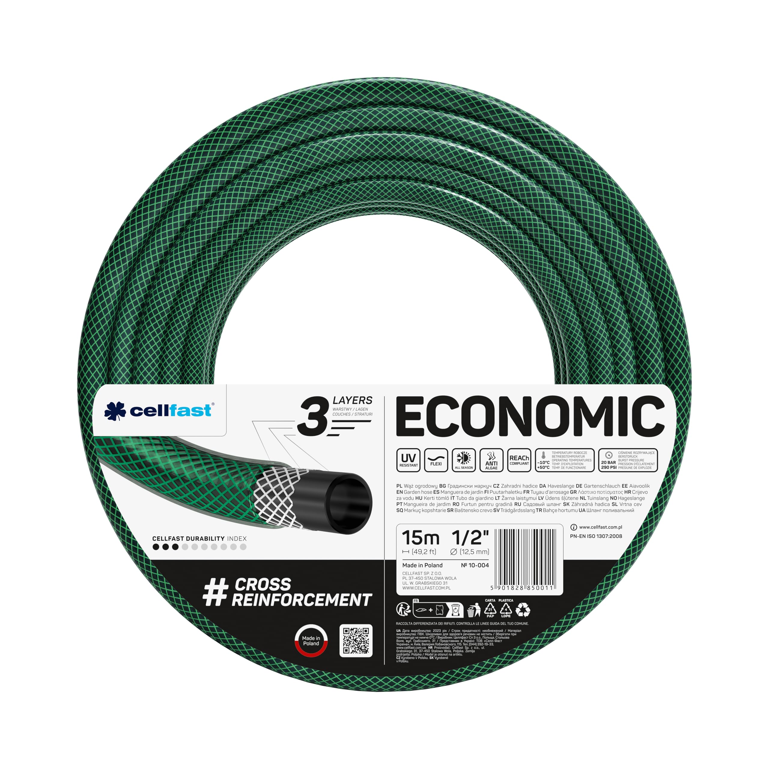 Cellfast Garden Hose ECONOMIC 1/2" 15m, Flexible and Three-layer Hose, Resistance to UV, Internal Part Resistant to Algae, 10-004 — image 1