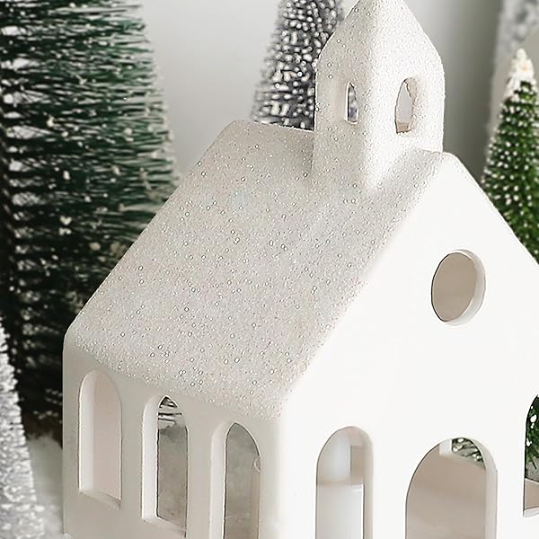 CHRISTMAS DECORATIONS – CHRISTMAS VILLAGE SETS OF 5 LIGHTED CERAMIC HOUSES WITH REMOTE CONTROL & 9 TREES – INDOOR WHITE XMAS HOLIDAY RUSTIC UNIQUE DECOR FOR HOME TABLE ROOM FARMHOUSE DECORATION