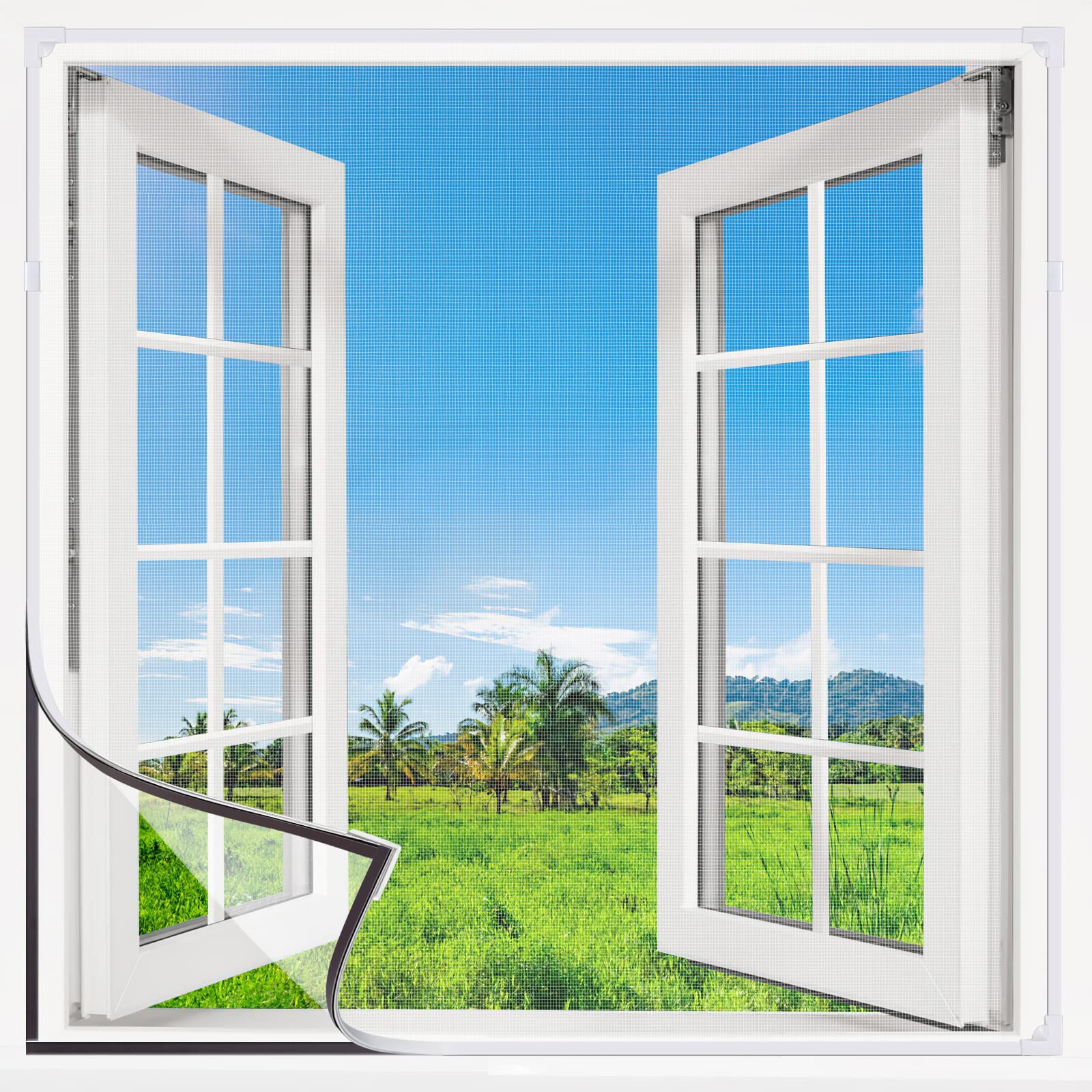 UtauHom Magnetic Fly Screen for Windows,Mosquitoes Net for Windows Max Size 130 x 150cm,Fiberglass Mesh Easy Installation Prevents Insects/Flies from Entering The Room（White Frame White Mesh）