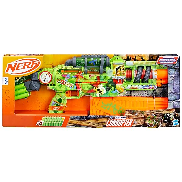 NERF ZOMBIE CORRUPTER DART BLASTER, 22 NERF ELITE DARTS, 18 DART CLIP, DART STORAGE, BOLT ACTION, OUTDOOR GAMES, AGES 8+