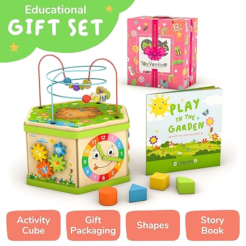 LAVIEVERT 9-in-1 Wooden Play Cube - Educational Activity Center With Bead Maze & Games