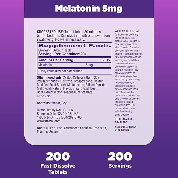 NATROL MELATONIN 5MG FAST DISSOLVE TABLETS, SLEEP SUPPORT SUPPLEMENTS FOR ADULTS, STRAWBERRY FLAVOR, 200 TABLETS, UP TO 200 DAY SUPPLY