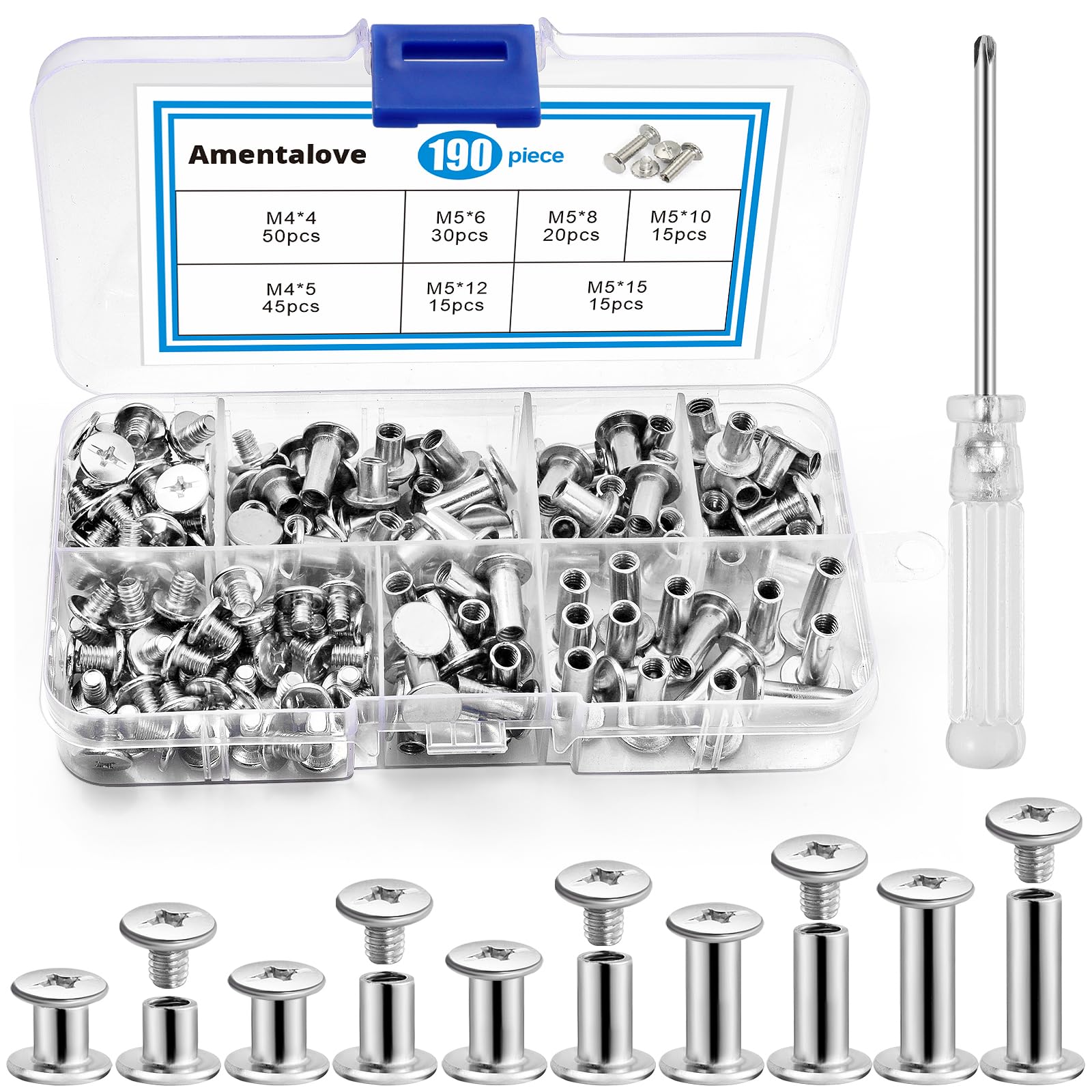 Amentalove 190PCS Chicago Screws, 5 Sizes Chicago Binding Screws Posts with Screwdriver, Cross Head Chicago Button Rivets for Leather Belt DIY Book Scrapbook Albums Bookbinding, M5 x 6/8/10/12/15mm