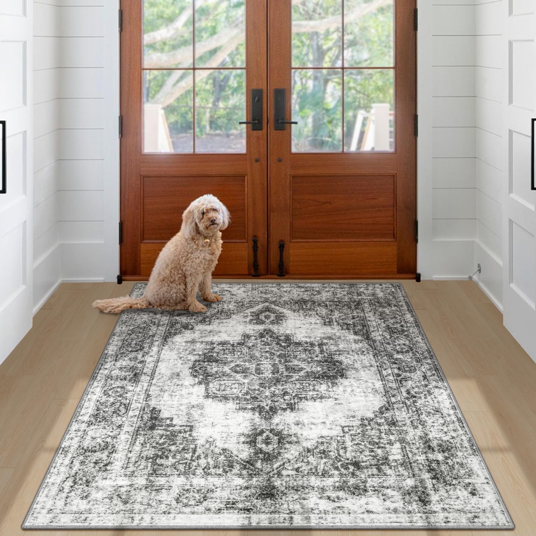 Area Rug 3x5 Vintage Rug: Washable Indoor Medallion