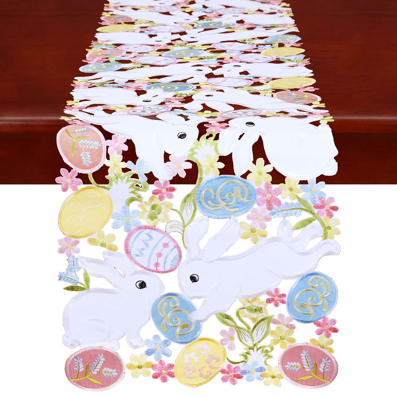 Simhomsen Embroidered Bunny and Colorful Eggs Table Runners for Easter Holiday or Spring Season (14 x 54 inches)