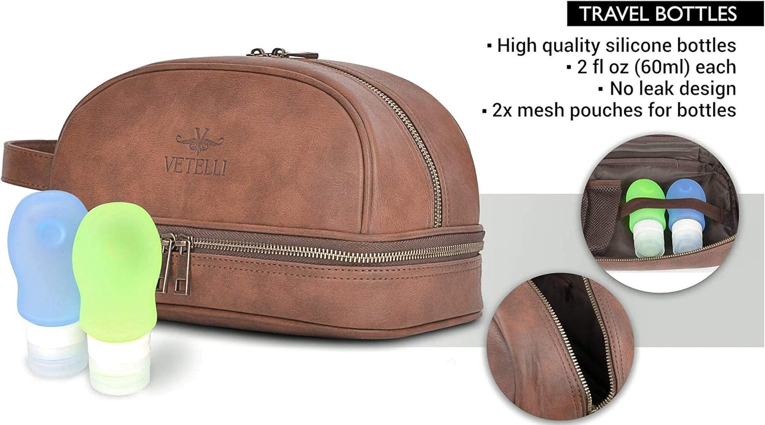 Vetelli Leather Toiletry Bag For Men. Our Dopp Kit Comes With 2 Silicone Travel Bottles And Is A Perfect Gift And Travel Accessory: Clothing