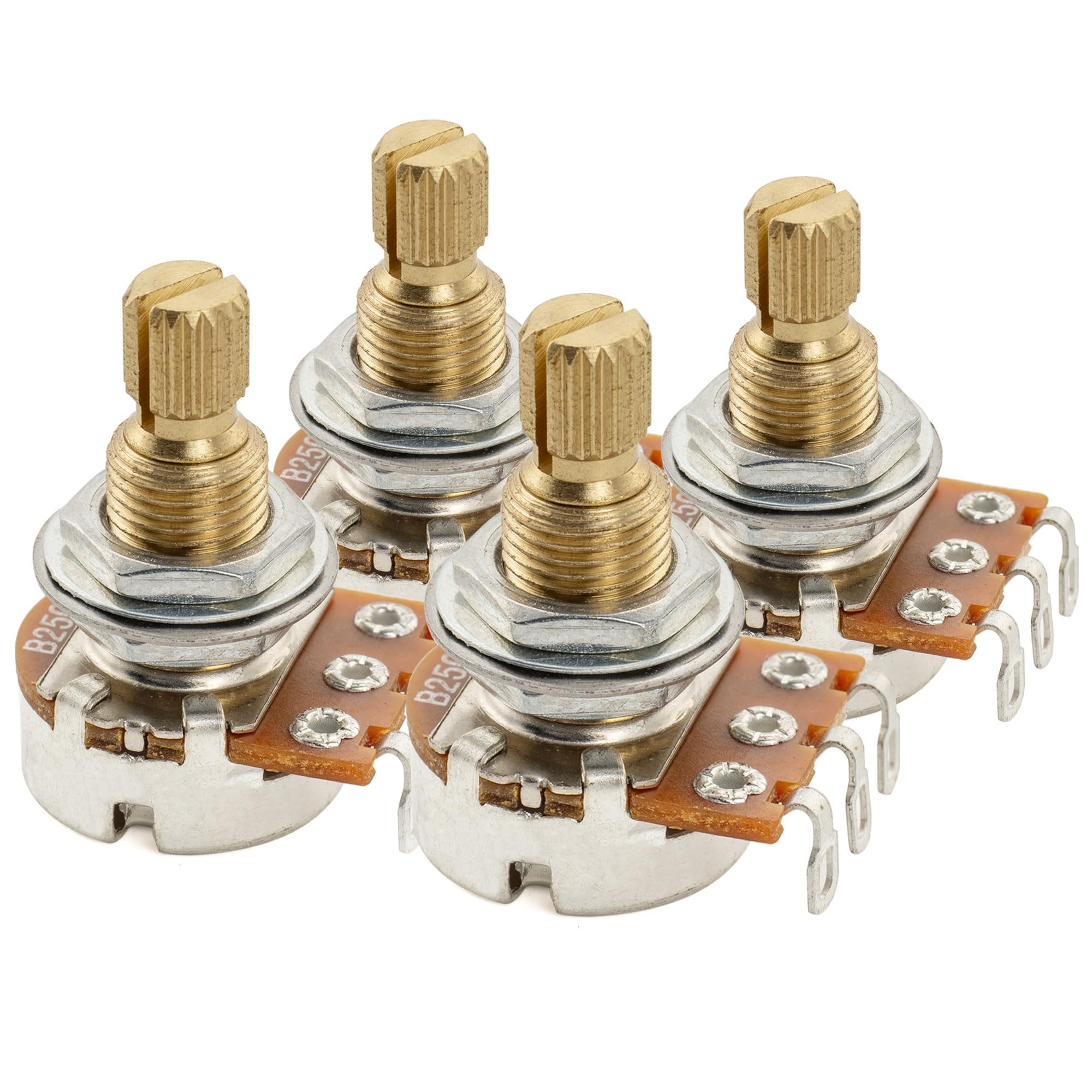 Musiclily Pro B250K Brass Thread Metric Mini Potentiometers Split Shaft Linear Taper Pots for Electric Guitar Bass (Set of 4)