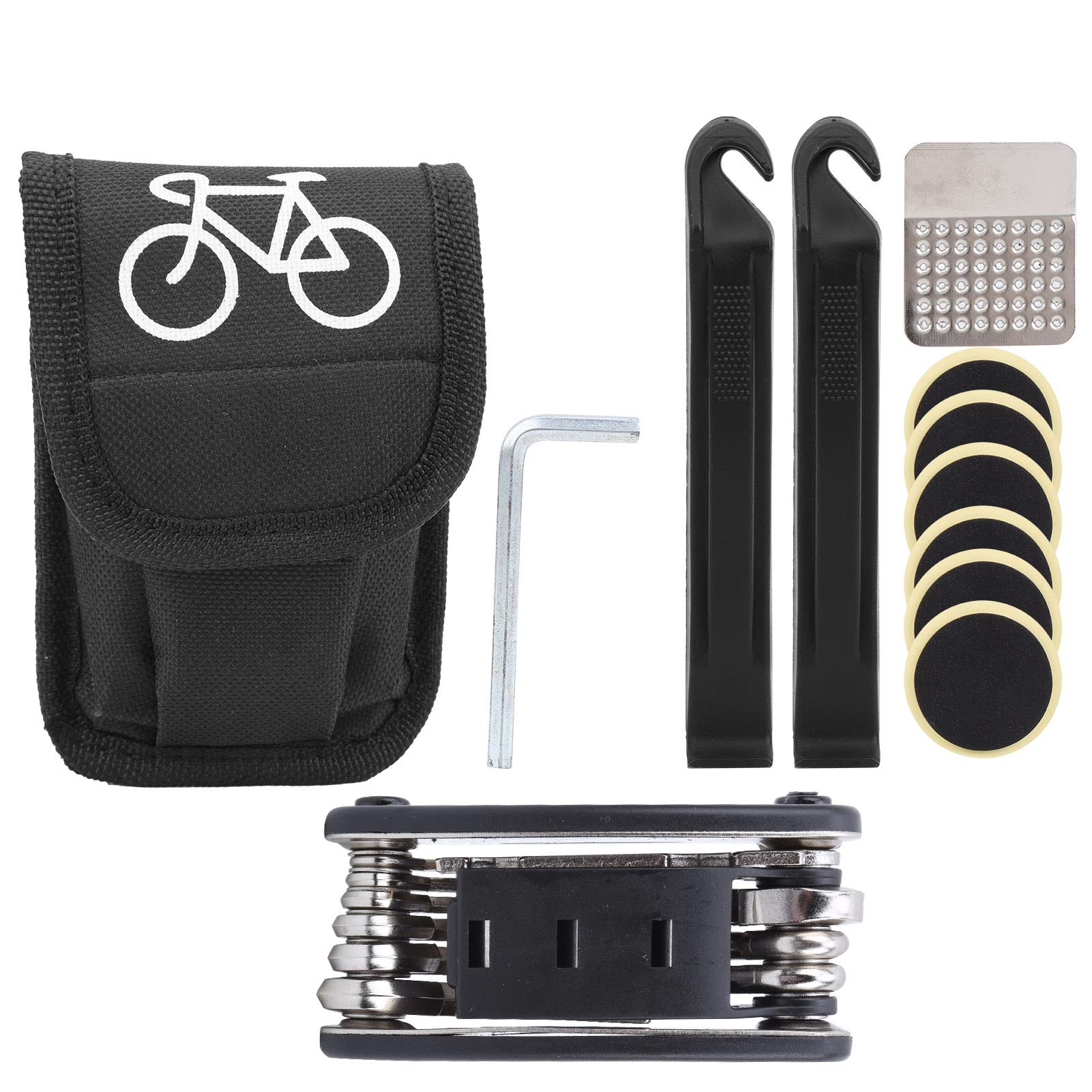 Bicycle Repair Tool, Mountain Bike Combination Tool Kit 16 in 1 Bicycle Multi Tool with Metal Grinding Scraper and Internal Hex Wrench Included Glueless Tire Tube Patches & Tire Levers Cycling Equipme