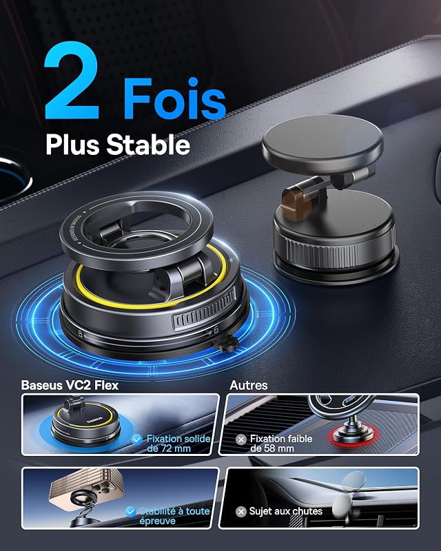 VC2 Flex Support Téléphone Voiture Magnétique à Ventouse, Support Magsafe Voiture pour Tableau de Bord et Pare-Brise, Réglable à 720° et Pliable pour iPhone 16 15 14 13 Pro Max