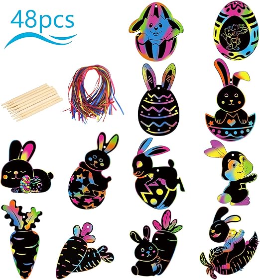 Bunny Scratch Art Paper LANMOK 48pcs Rainbow Rabbit Scratch Papers