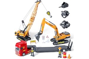 COBEFY Toy Construction Truck for Boys, Construction Vehicles Excavator, Crane, Semi Tractor Lowboy Truck Trailer, Sandbox Toys Gift for Ages 3 and Up Kids Toddler Children Ideal Birthday Party Favor Playset