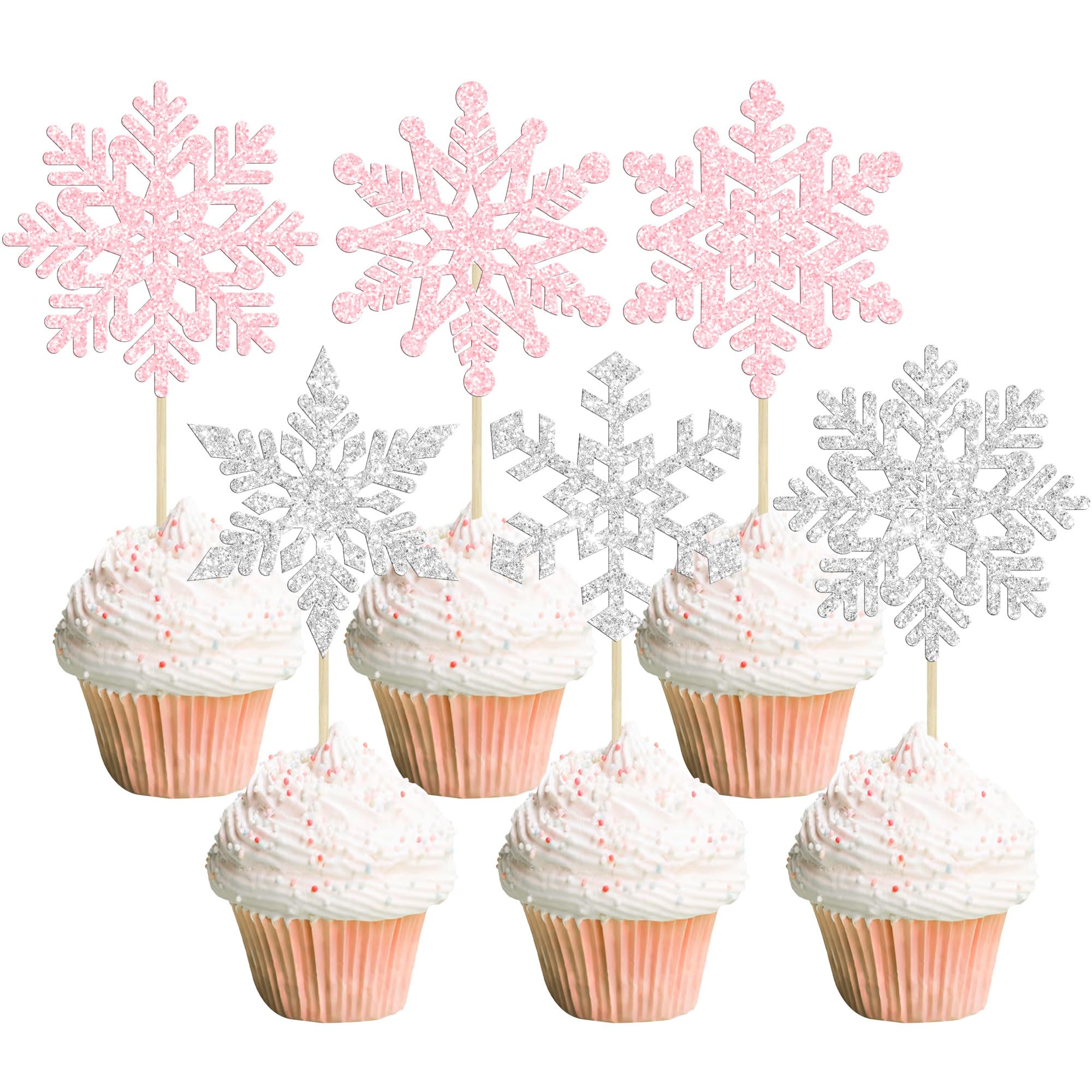 Gyufise 36Pcs Snowflake Cupcake Toppers Silver Light Pink Glitter Winter Frozen Theme Snowflake Cupcake Picks Decoration for Baby Shower Kids Birthday Christmas Party Decorations Supplies