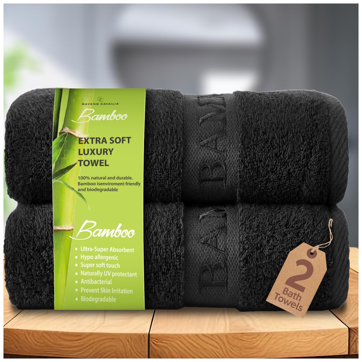 GC GAVENO CAVAILIA Large Bath Towel Bamboo Towels 2 Pack (70x120cm) - Highly Absorbent Quick Dry Towels (40% Cotton, 60% Bamboo) - Washable Bathroom Towel Black - 500 GSM