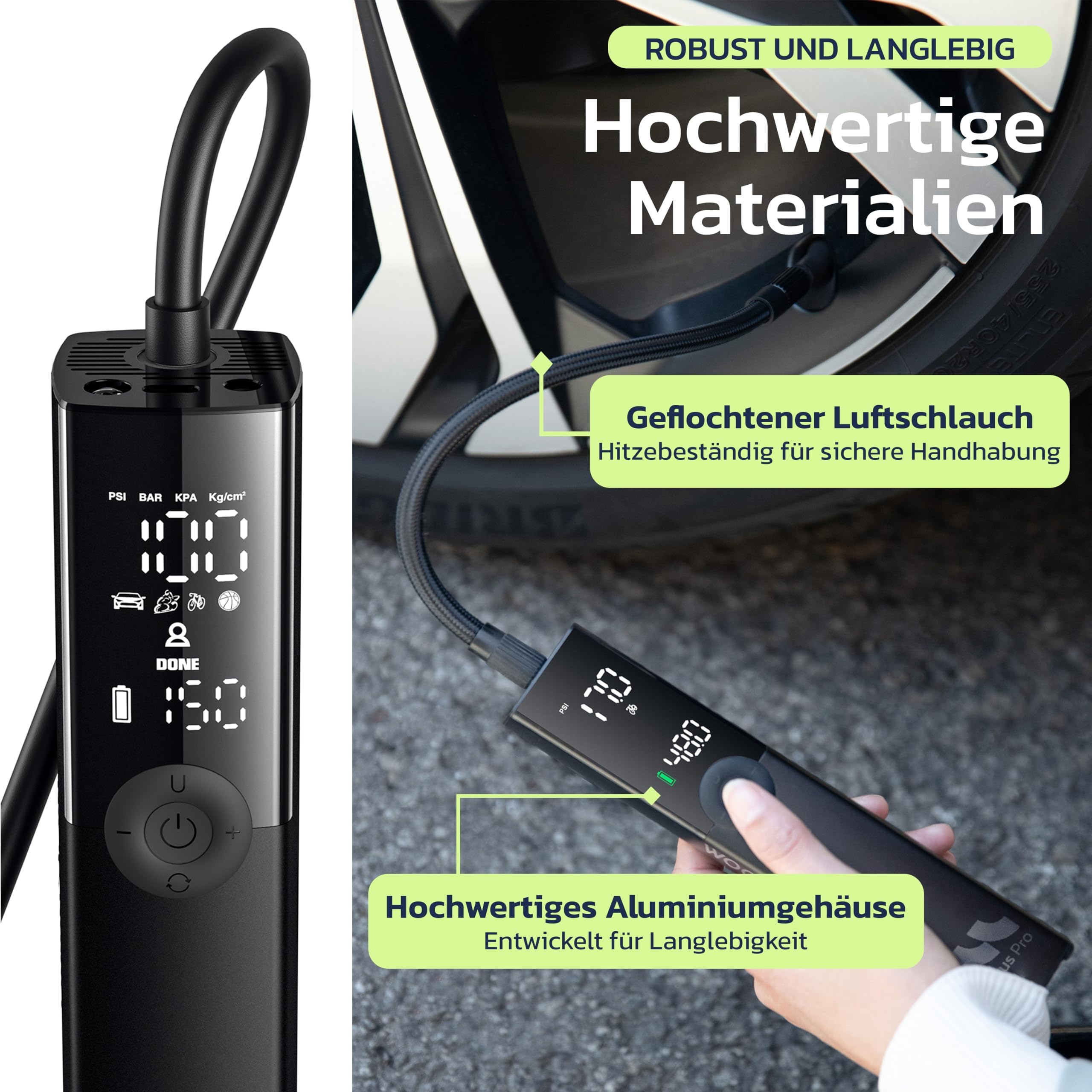 Woowind Ventus Pro Premium Elektrische Luftpumpe, 2X Schneller, 150PSI/10,3Bar Akku Kompressor, Luftpumpe Auto mit 12V-Kabel für SUVs & Offroad-Reifen, Auto-Stopp 5