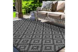 KALAFUN Outdoor Patio Plastic Straw Rug - Outdoor Rugs Waterproof Reversible Clearance Portable for Camping, RV Large Rug Outside Porch Mat Balcony Patio Carpet, Patio Decor (4'x 6', Black & Grey)