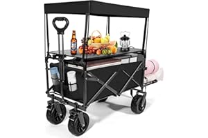 LING RONG Beach Wagon Cart Foldable Travel Cart for Outdoor Camping with Canopy,Tabletop, Side Pockets, and Cup Holder Can Hold up to 300 lbs