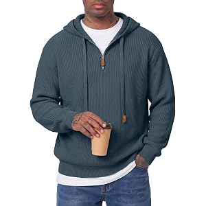 JMIERR Men's Quarter Zip Ribbed Knit Hooded Casual Long Sleeve Sweater | Leather Zipper Puller, Drawstring, Old Money Pullove