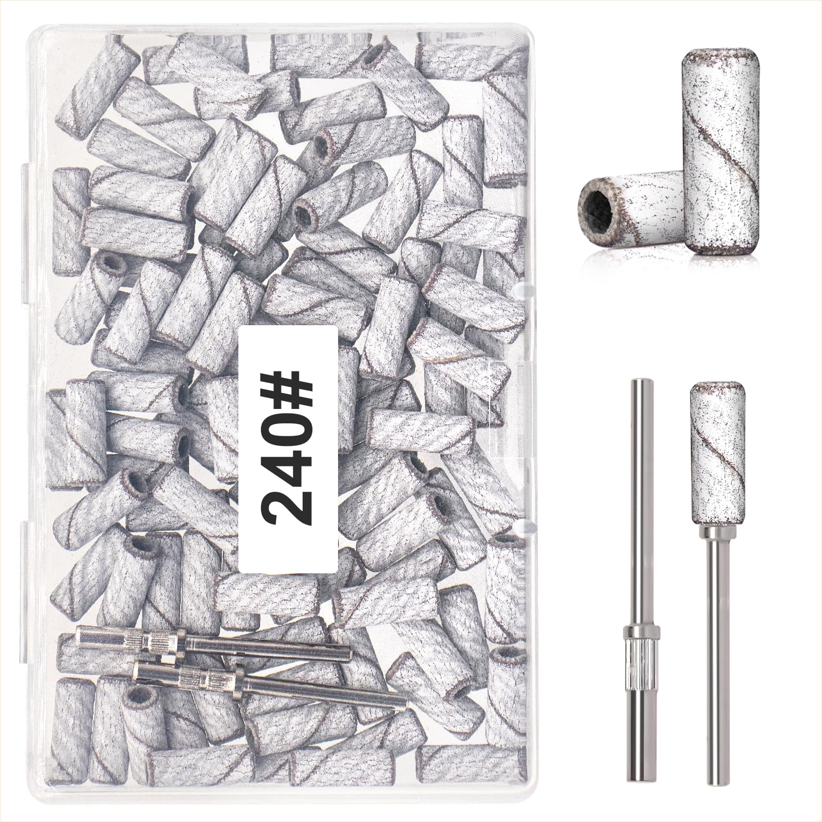 100pcs 240 Grit Small Sanding Bands for Nail Drill with 2pcs 3/32’’ Upgrade Mandrels Bits, Mini Sanding Bands for Nail Drill for Manicure Nail Salon and Nail Enthusiasts Use, White