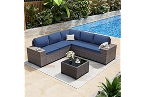 ALAULM 6 Pieces Patio Furniture Set, Oversized Seat/Armrest and High Back Wicker Sectional Furniture Set with Thick Cushion for Backyard, Garden, Navy Blue