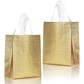 cabzymx 16 Pcs Metallic Bling Small Gift Bags Bulk with Cardboard Bases, Glossy Gold Reusable Party Bags for Birthday, Wedding, Christmas, Parties- 10.2x3.9x8.3 In